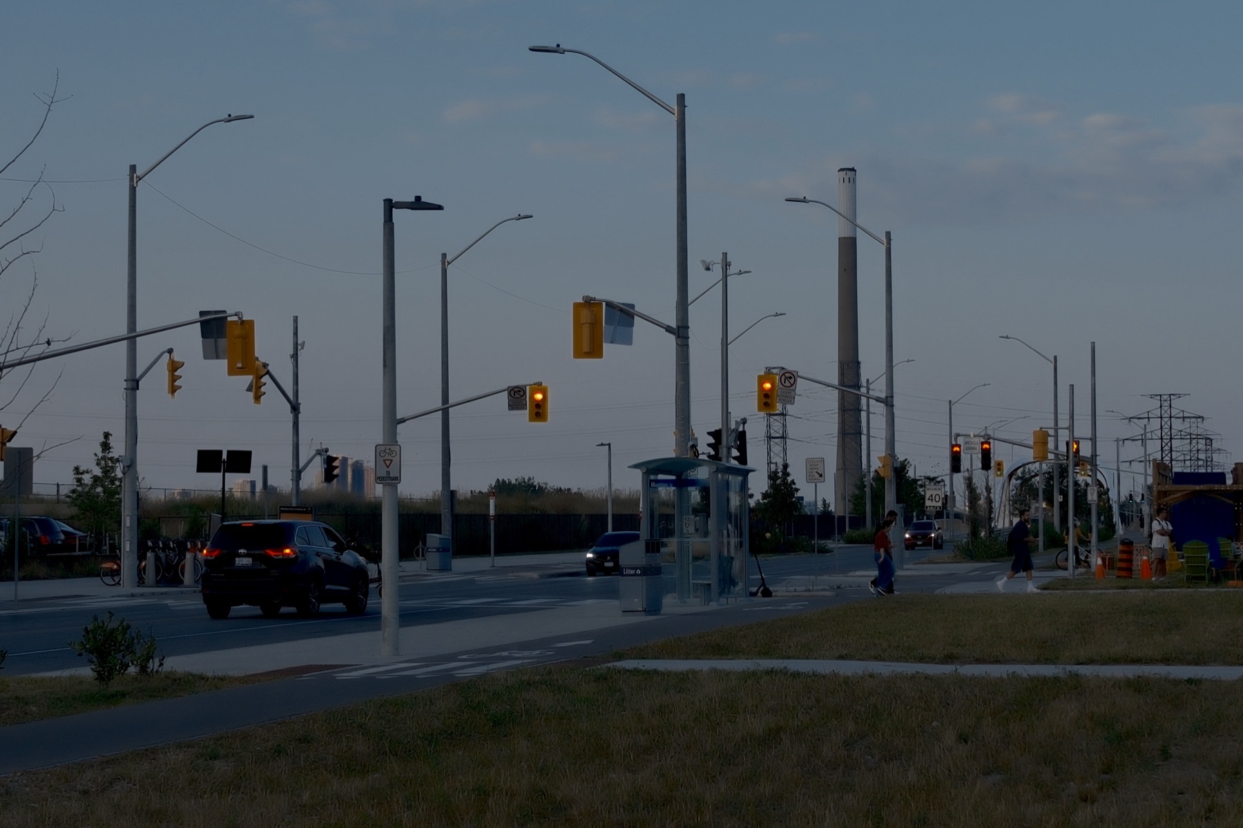 Traffic lights at a new intersection, the old Hearn stack behind