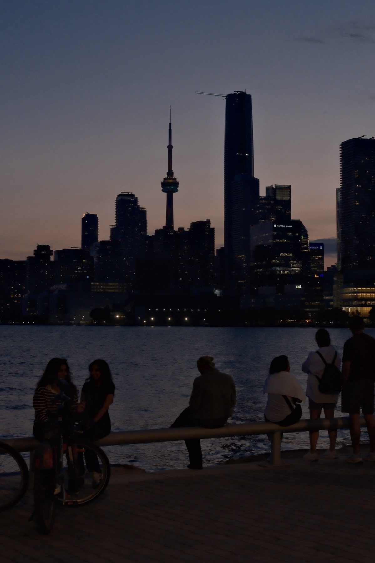 Silhouettes on the railing, the skyline going blue
