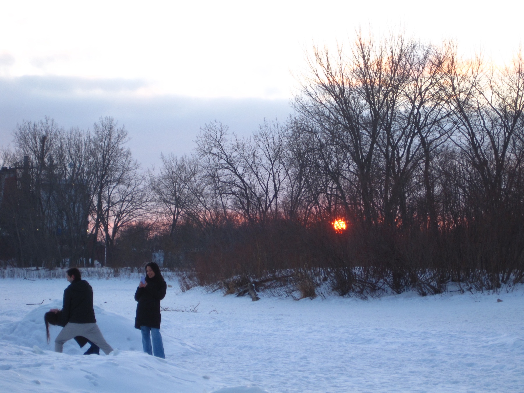 Two people watching the sun set through bare trees
