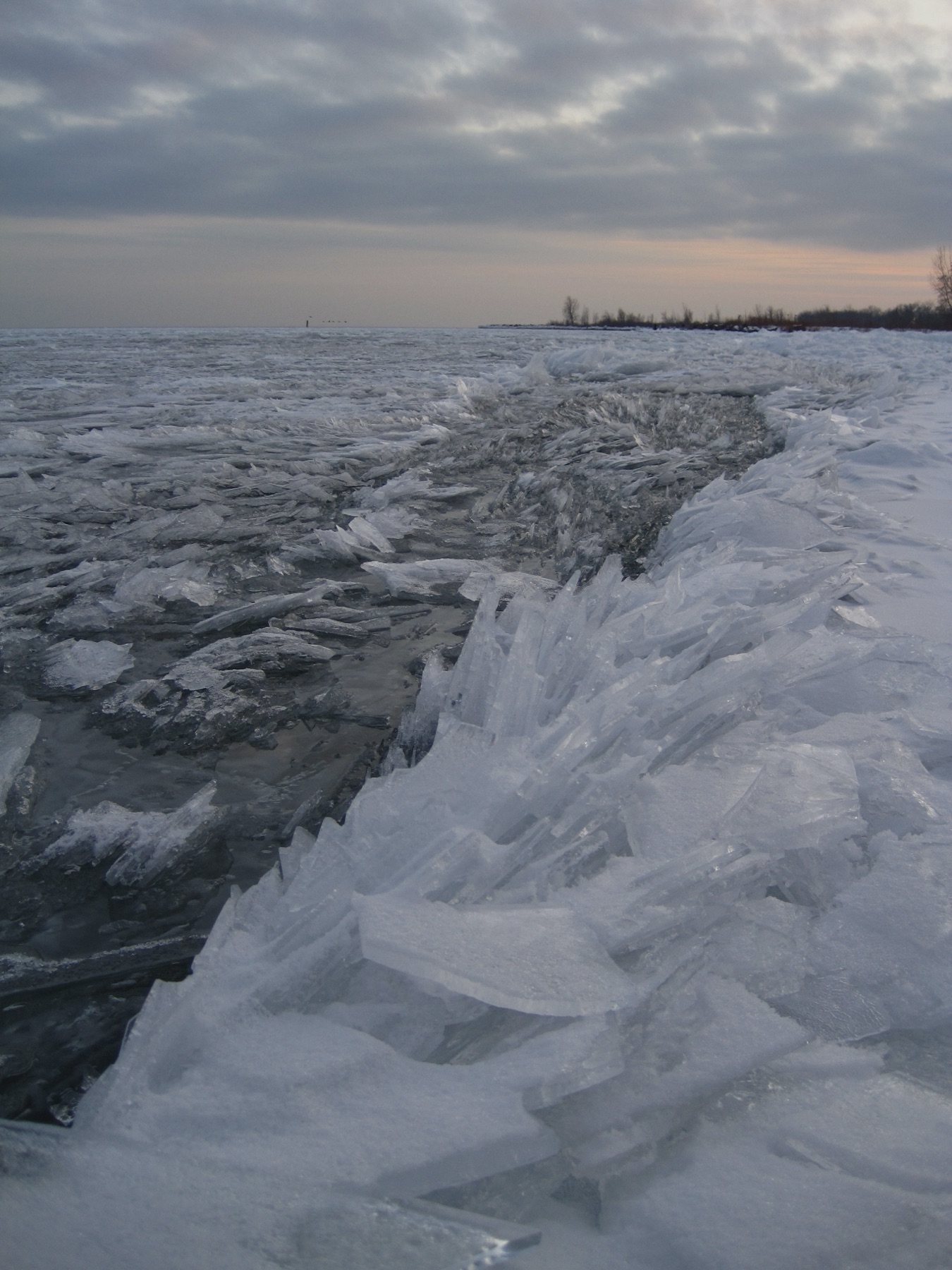 Broken ice shards along the frozen shore