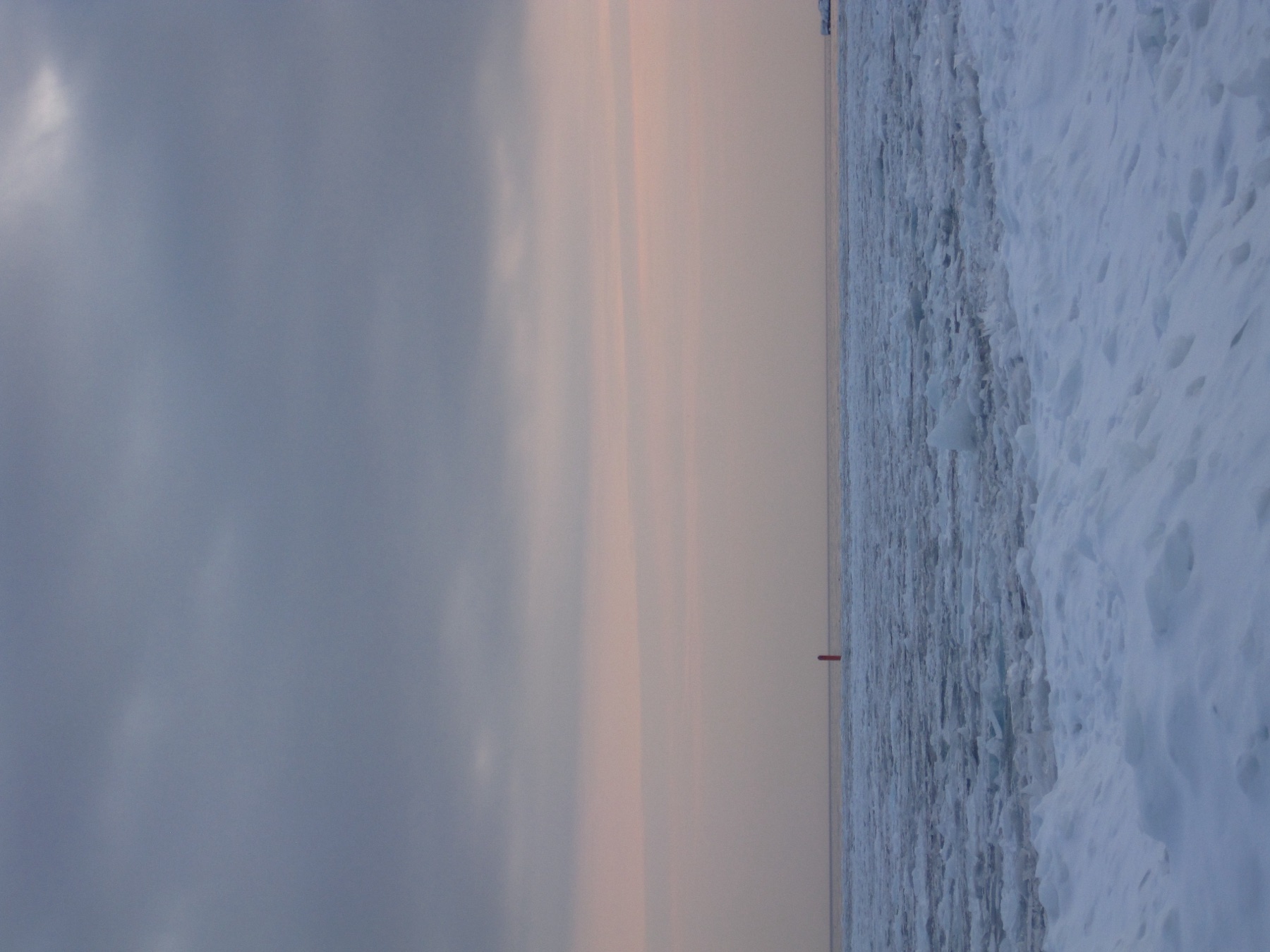 A lone figure on the frozen lake under pale pink dusk