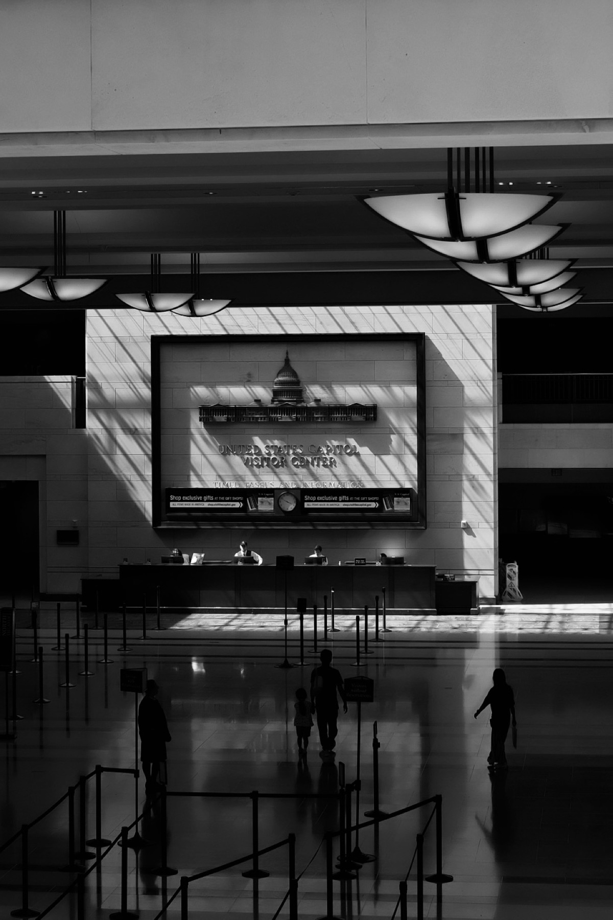 The visitor hall in monochrome