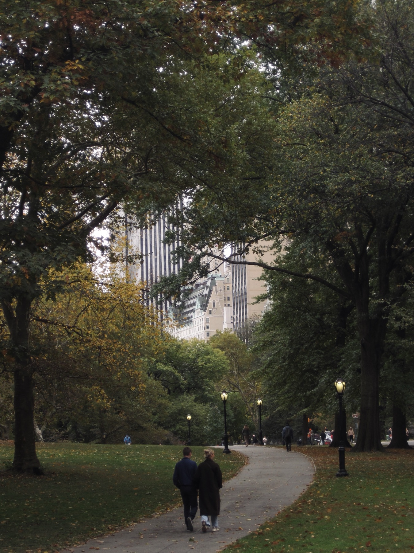 Two people walking a path toward the midtown towers