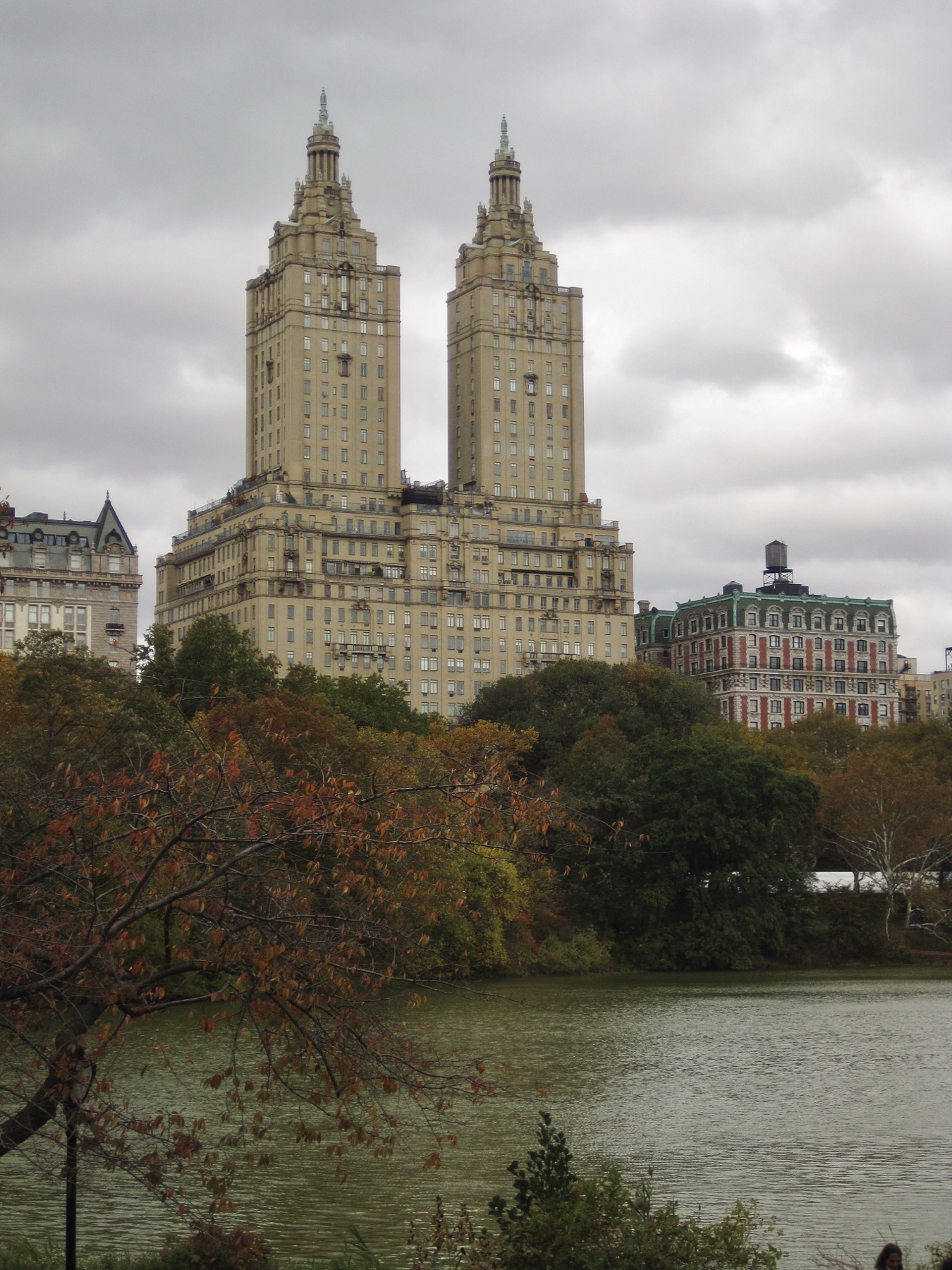 The San Remo towers above a russet tree