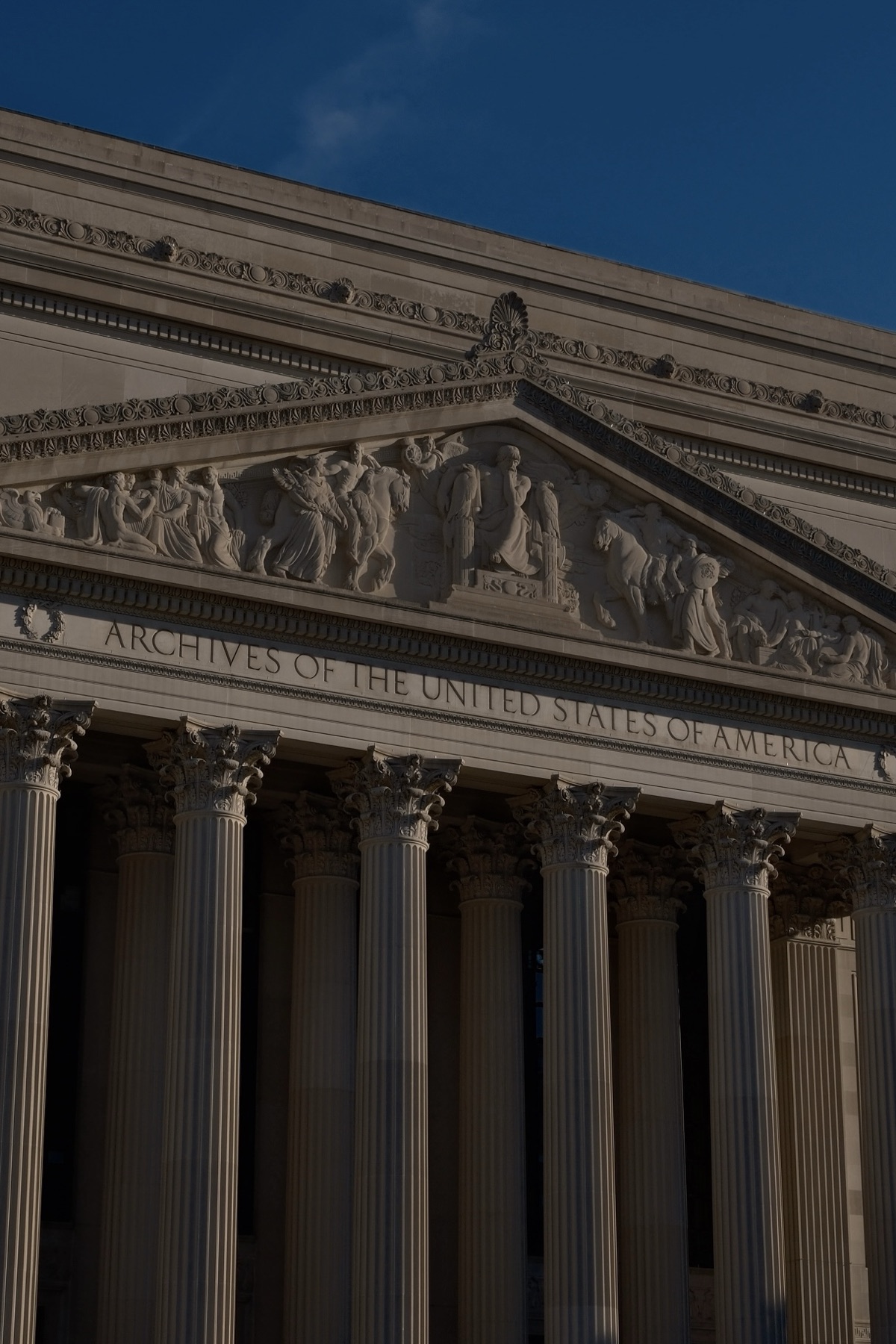 The Archives pediment in evening light