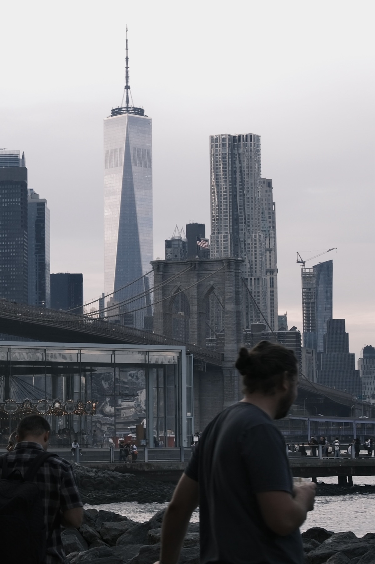 One World Trade and the bridge above the glass house of the carousel — East Side Story