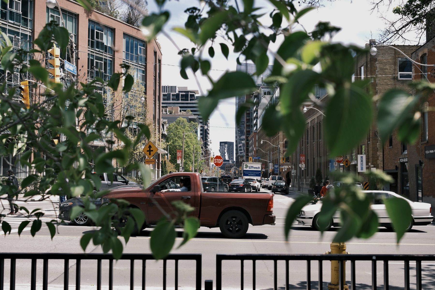A street of brick lofts glimpsed through leaves