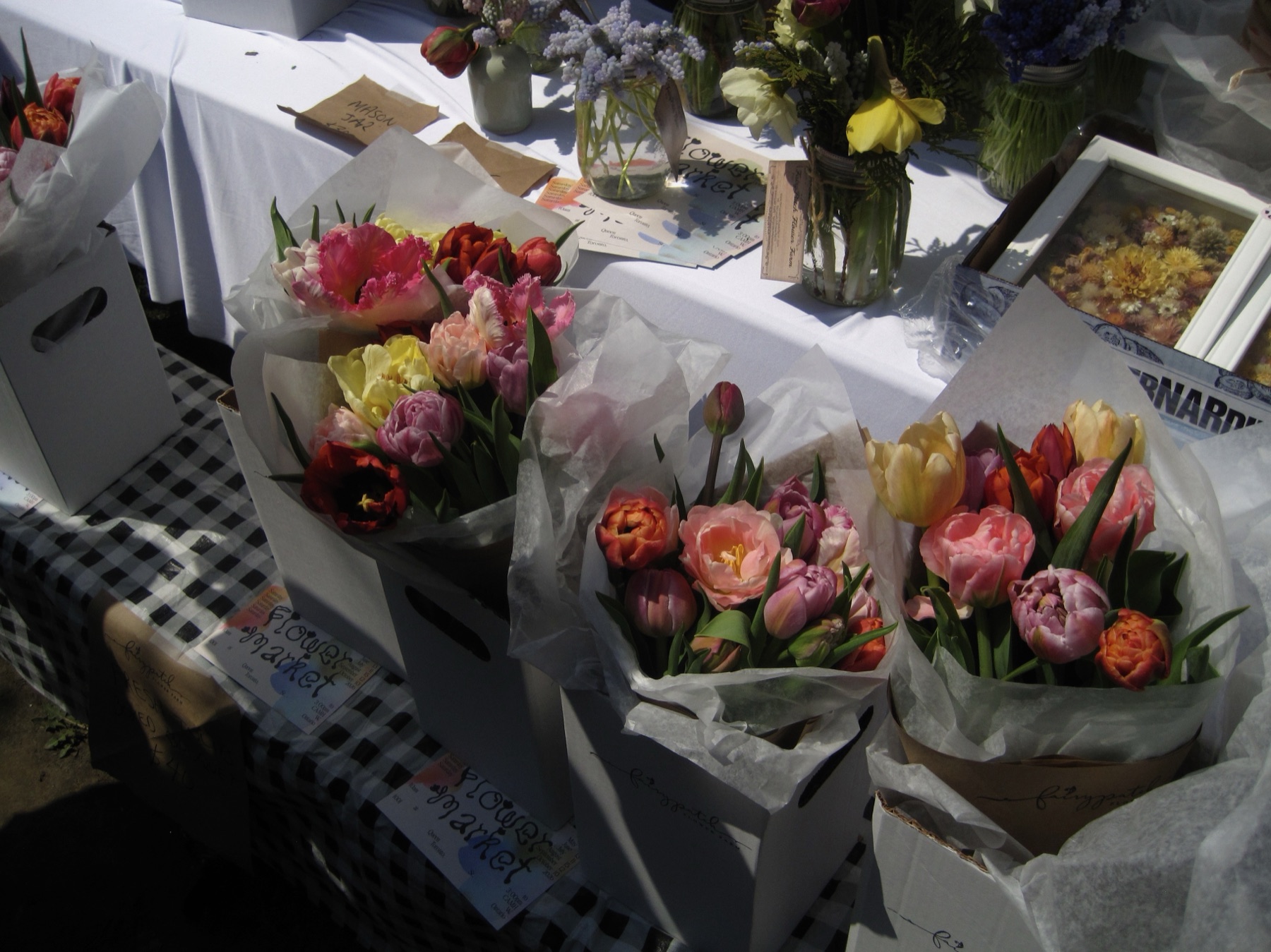 Tulip bunches standing in white boxes